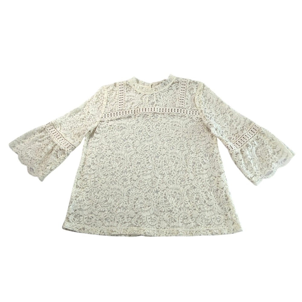 Cream Sheer Lace Bell Sleeve Top Sz M Boho Chic Romantic Cottage‎ French Girl - Picture 6 of 8